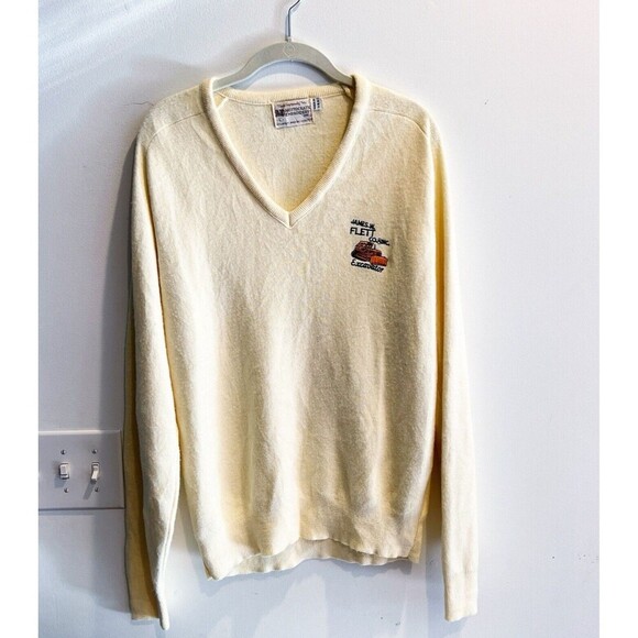 Vtg Bulldozer Embroidered V Neck Sweater Large Mens Grandpa Retro Yellow Preppy - Picture 1 of 10